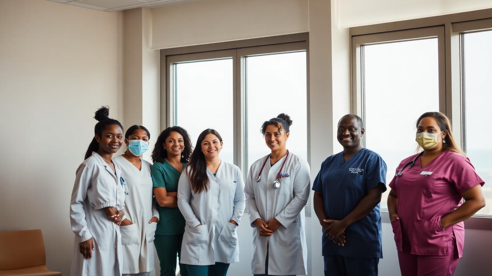 Diverse care team in a modern coastal medical center