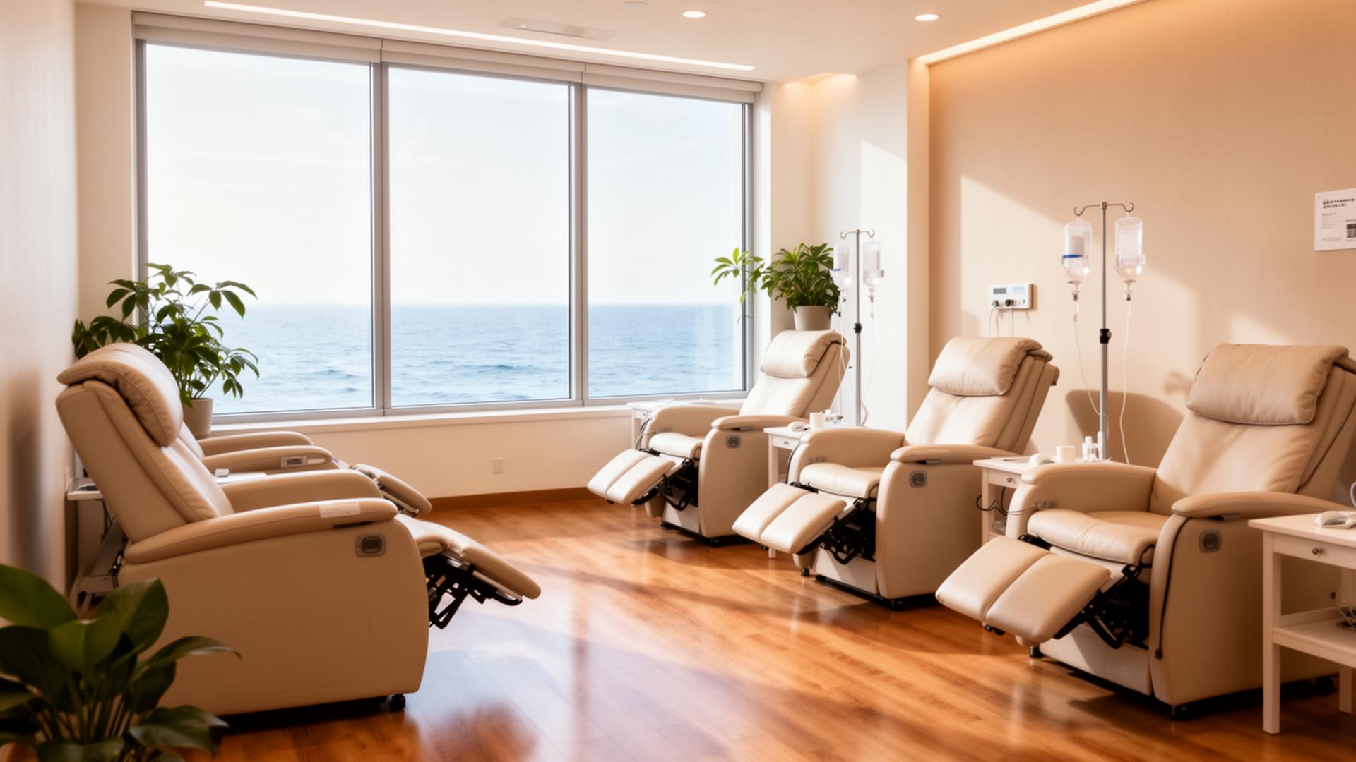 Sunlit modern infusion suite by the ocean