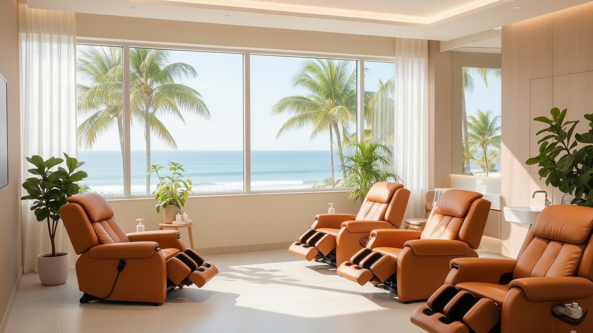 Bright Newport Beach infusion suite with ocean view and reclining chairs