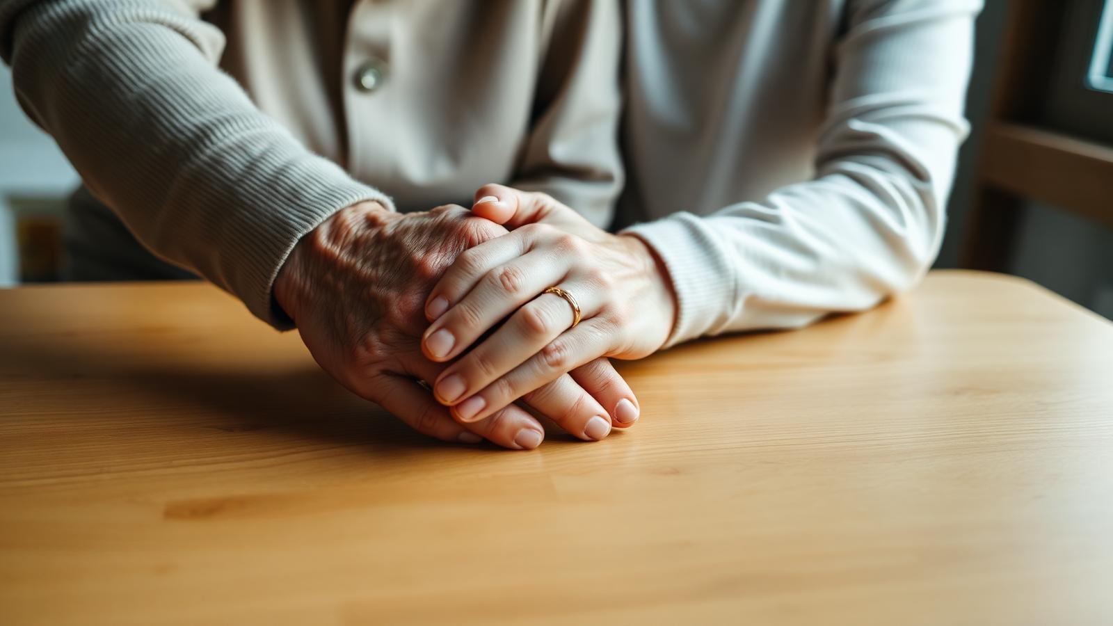 Two hands clasped warmly across a wood table