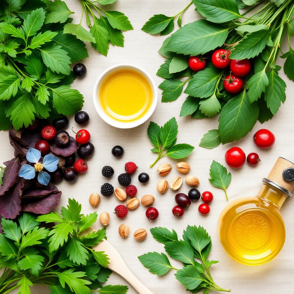 Fresh vegetables, herbs, berries and olive oil on linen