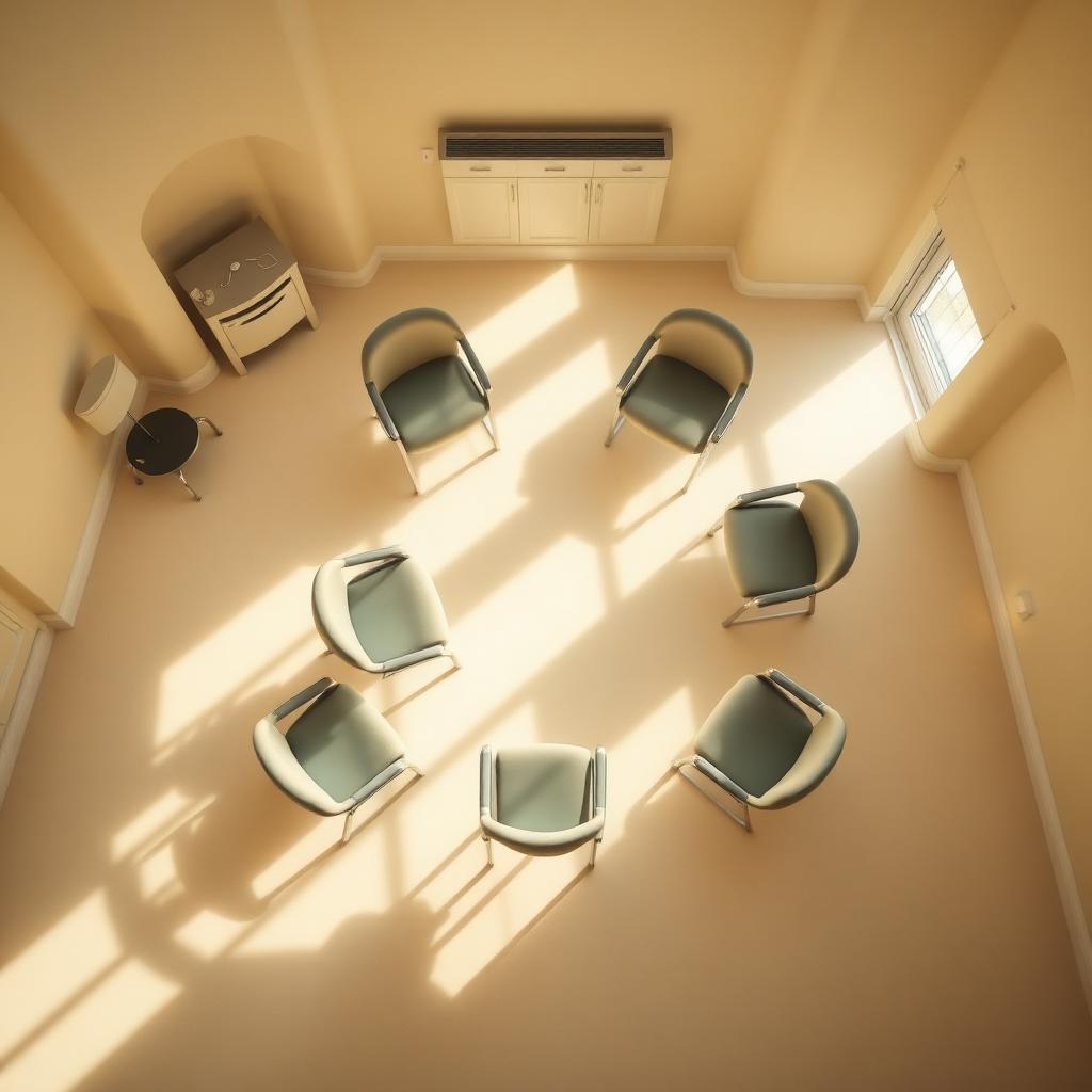 Overhead view of a calm support group circle in a sunlit room