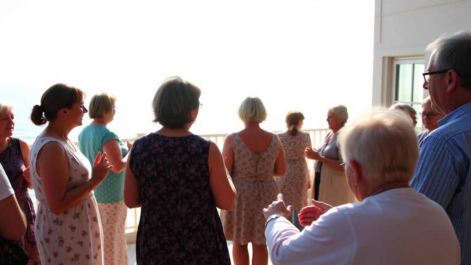 Care team and patients gathered at a sunlit terrace