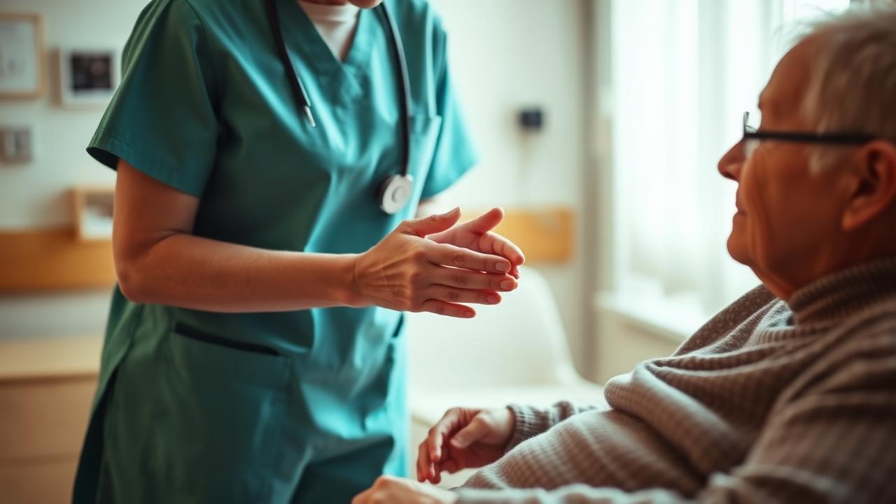 An oncology nurse gently holding the hand of an elderly patient in a softly lit room
