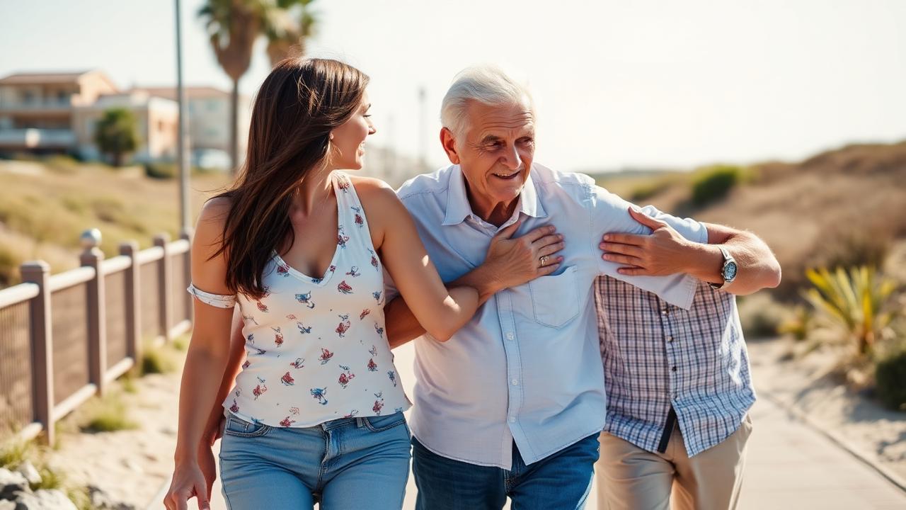 An adult daughter walking on a beach path with her father, both smiling