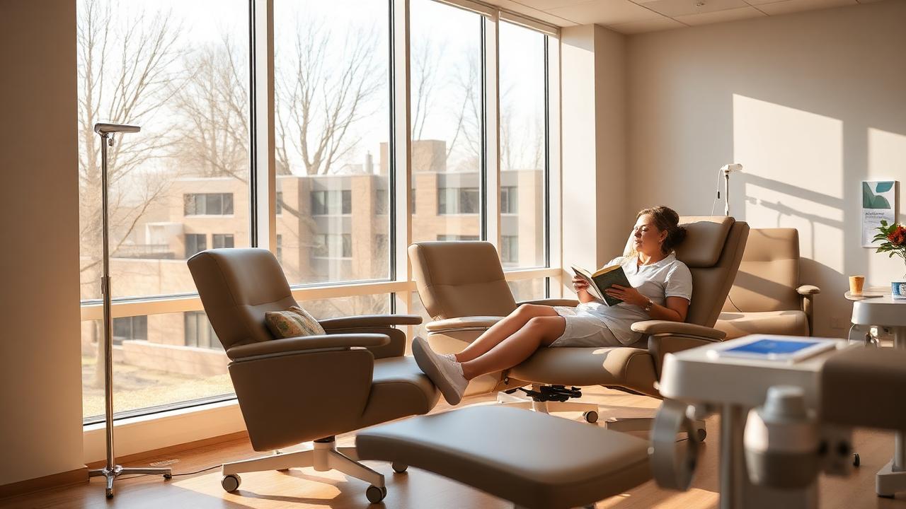 Bright modern infusion center with comfortable recliners by large windows