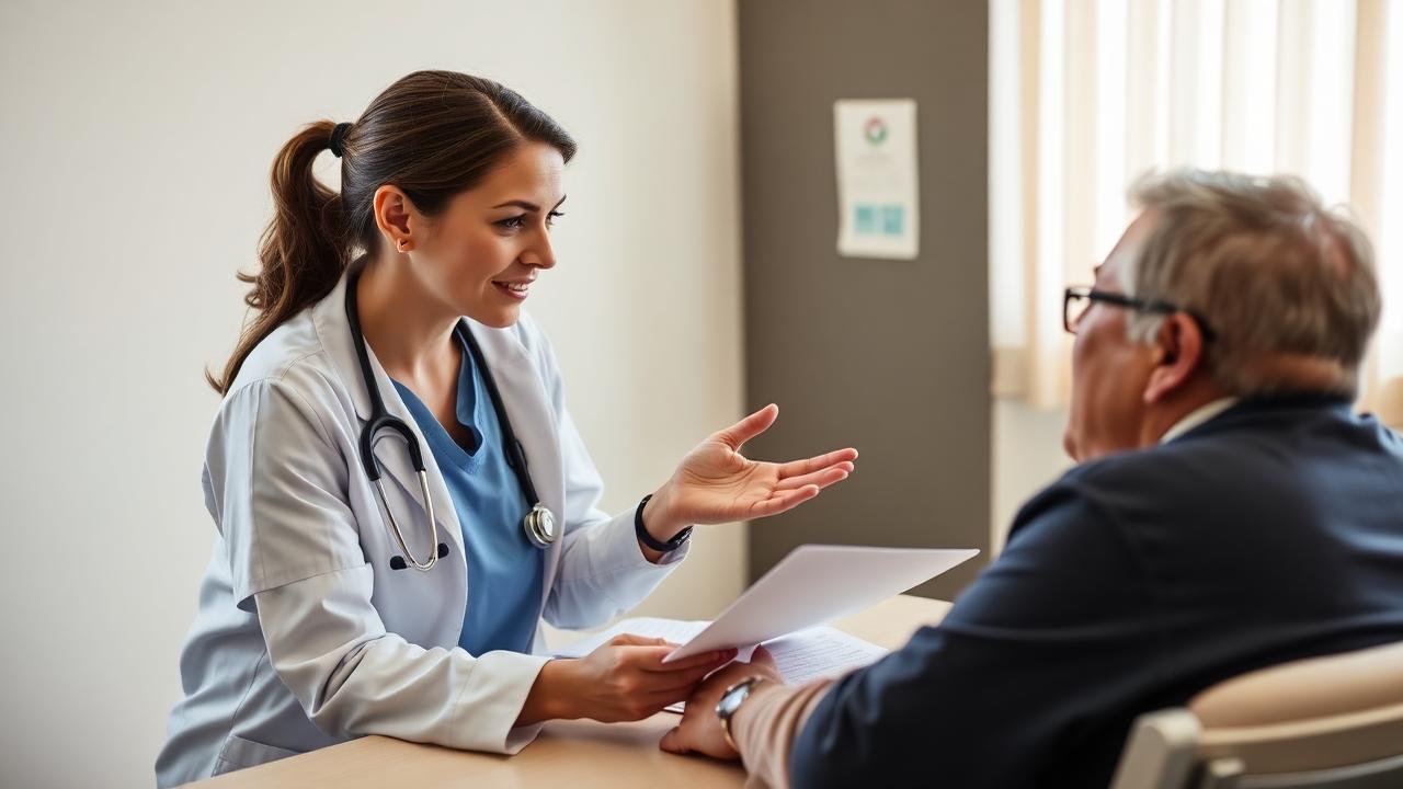 Oncology nurse warmly explaining a treatment plan to a patient and their spouse