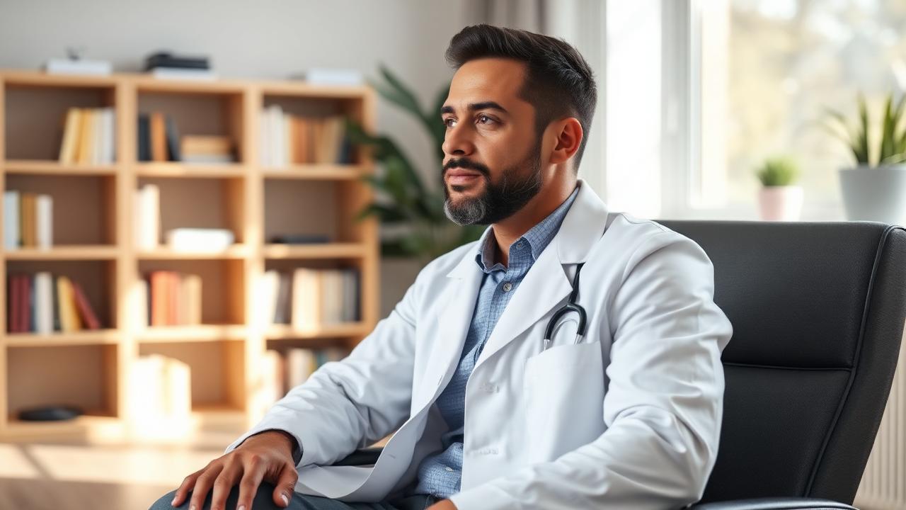 Thoughtful male oncologist sitting in a sunlit consultation room with bookshelves