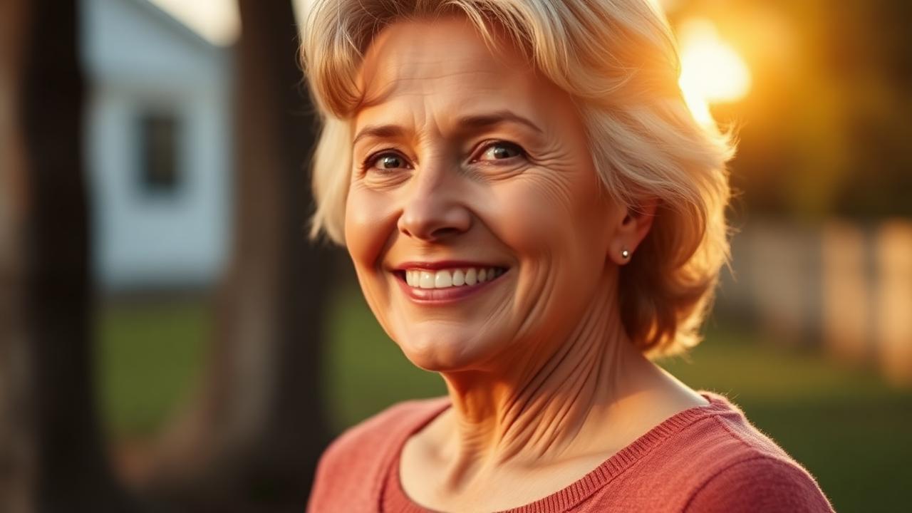 Linda, a breast cancer survivor, smiling outdoors in warm Orange County sunlight