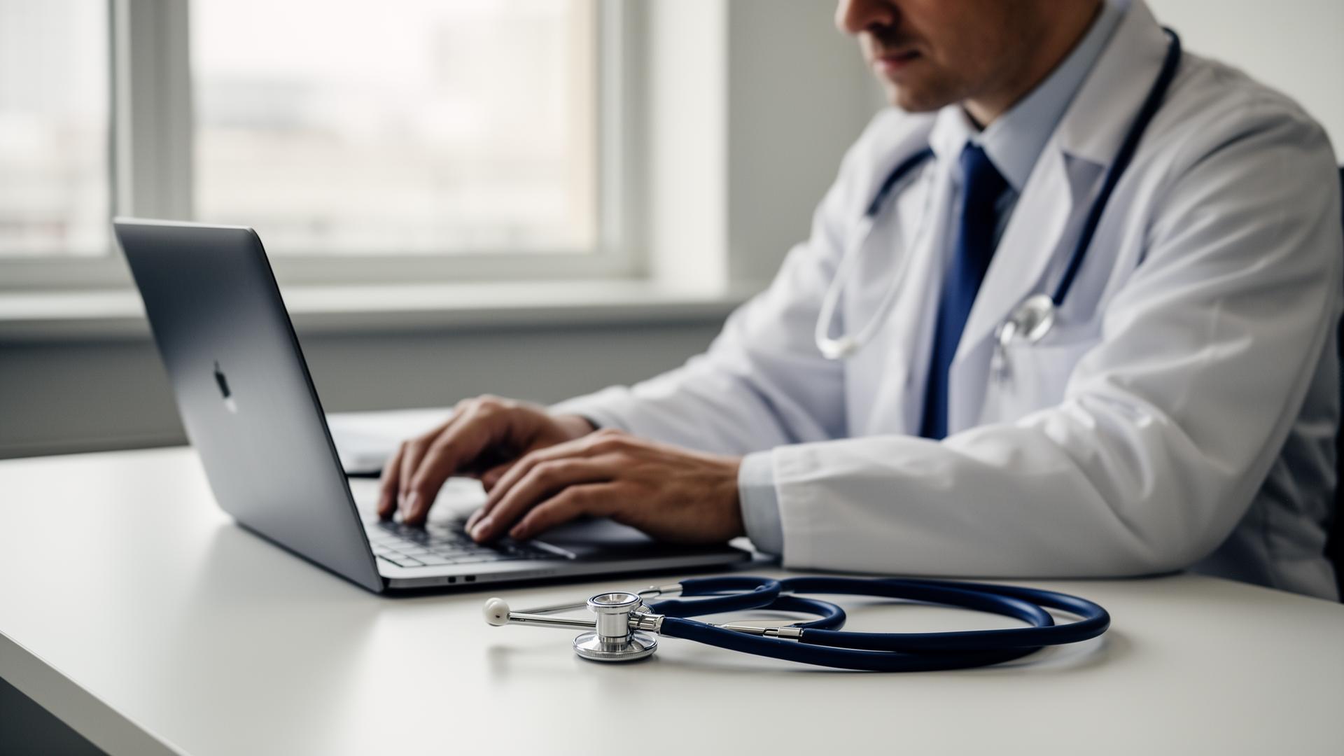 Physician at a clean modern desk reviewing patient records