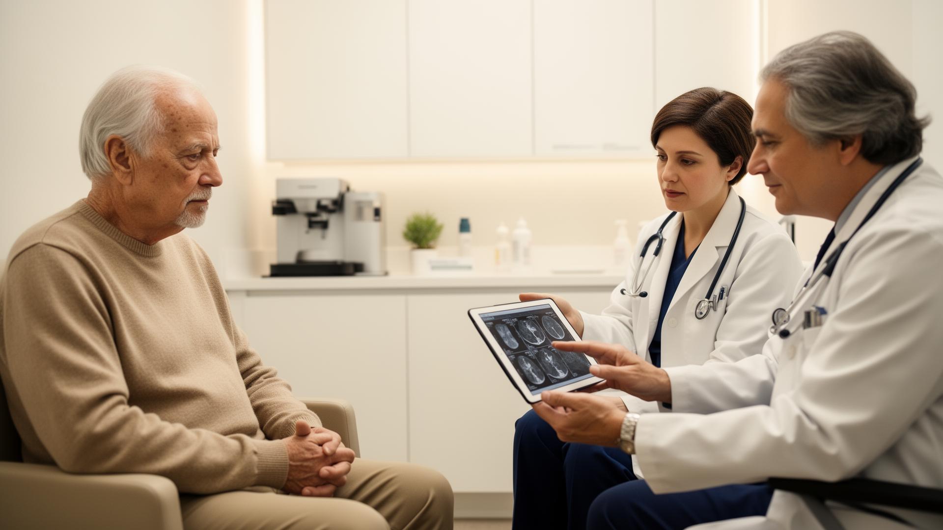 Two oncologists reviewing imaging with a patient